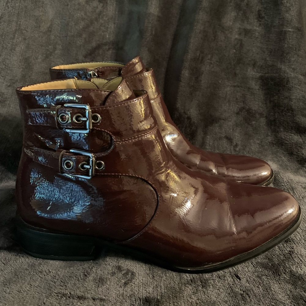 Franco Sarto shiny burgundy boots